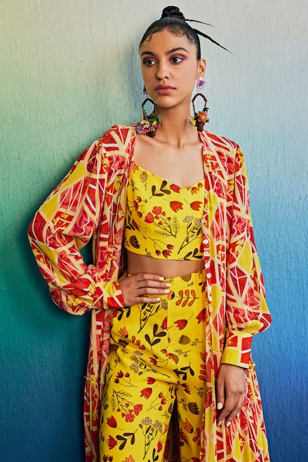 Diyarajvvir_Yellow Georgette, Crepe Embroidery Broken Floral Print Top Cape And Pant Set _Online_at_Aza_Fashions