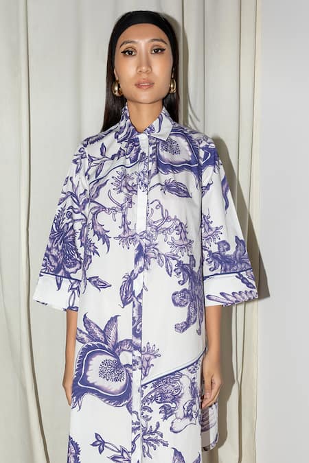 Leh Studios Blue Cotton Shawl Neck Tulip Shirt Dress Online at Aza Fashions Leh Studios_Blue Cotton Shawl Neck Tulip Shirt Dress _Online_at_Aza_Fashions
