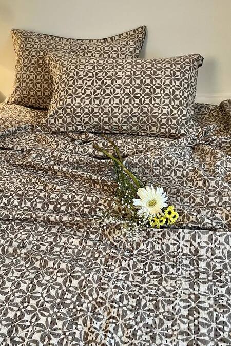 Cocobee_Brown Cotton Embroidery, Printed Kantha Stitchline Bedsheet Set_Online_at_Aza_Fashions