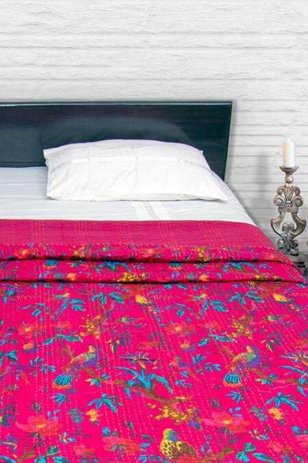 Shop_Cocobee_Pink Cotton Printed Floral Bedspread _at_Aza_Fashions