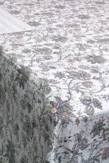Shop Cocobee White Cotton Embroidery, Printed Kantha Stitchline Bedspread at Aza Fashions Shop_Cocobee_White Cotton Embroidery, Printed Kantha Stitchline Bedspread_at_Aza_Fashions