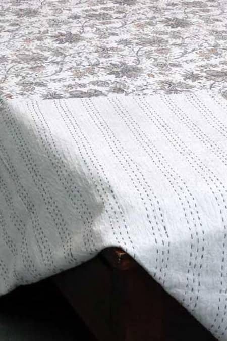 Buy Cocobee White Cotton Embroidery, Printed Kantha Stitchline Bedspread Online at Aza Fashions Buy_Cocobee_White Cotton Embroidery, Printed Kantha Stitchline Bedspread_Online_at_Aza_Fashions