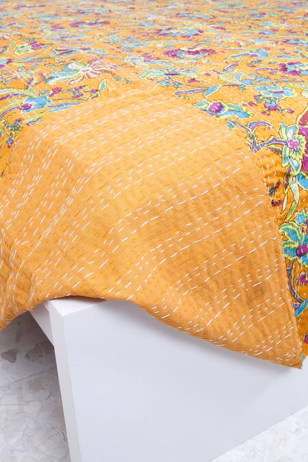 Shop_Cocobee_Yellow Cotton Printed Flower Bedspread _at_Aza_Fashions