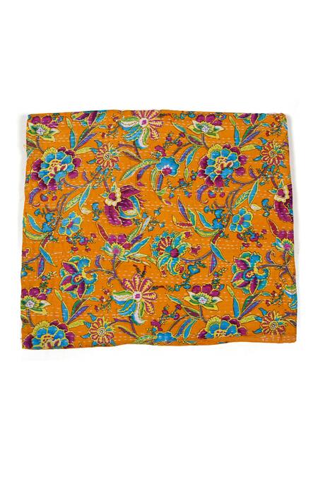 Cocobee_Yellow Cotton Printed Flower Bedspread _Online_at_Aza_Fashions