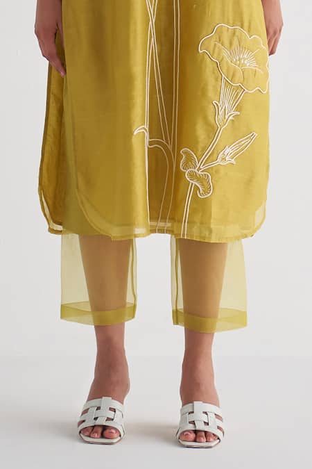 Buy_Shivani Bhargava_Yellow Kurta  Chanderi Applique Embroidered Woven Round And Pant Set _Online_at_Aza_Fashions