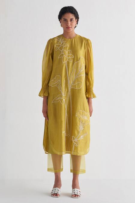 Shop_Shivani Bhargava_Yellow Kurta  Chanderi Applique Embroidered Woven Round And Pant Set _Online_at_Aza_Fashions