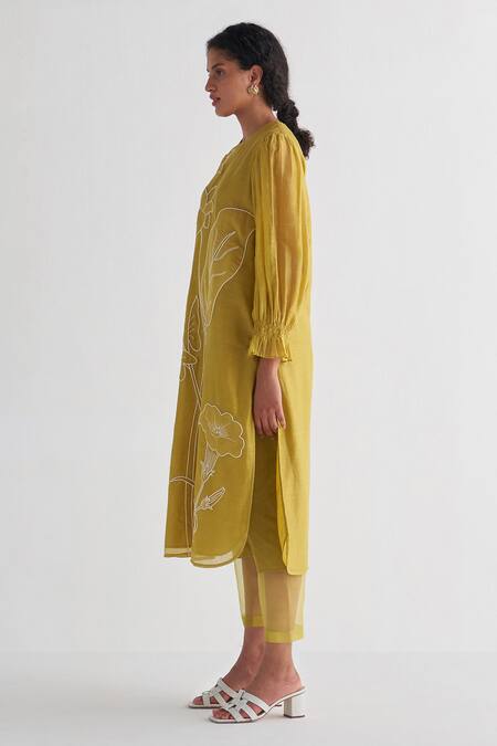 Shivani Bhargava_Yellow Kurta  Chanderi Applique Embroidered Woven Round And Pant Set _at_Aza_Fashions