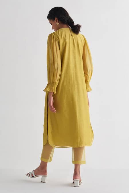 Shop Shivani Bhargava Yellow Chanderi Embroidery Round Neck Woven Dress at Aza Fashions Shop_Shivani Bhargava_Yellow Chanderi Embroidery Round Neck Woven Dress _at_Aza_Fashions