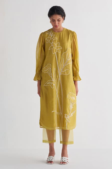 Shivani Bhargava Yellow Chanderi Embroidery Round Neck Woven Dress Online at Aza Fashions Shivani Bhargava_Yellow Chanderi Embroidery Round Neck Woven Dress _Online_at_Aza_Fashions