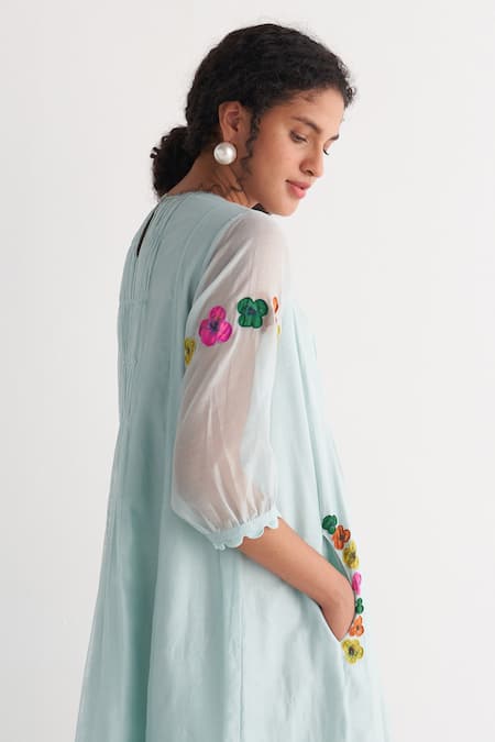 Shivani Bhargava_Blue Chanderi Embroidery Round Neck Sea Breeze Woven Gathered Dress _Online_at_Aza_Fashions