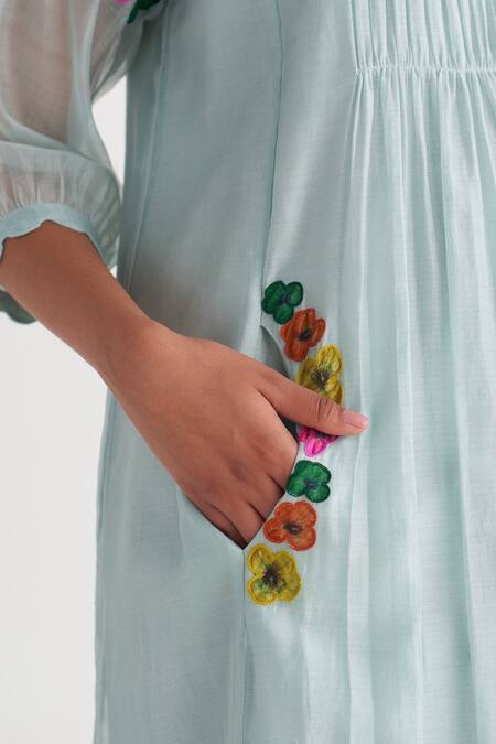 Buy_Shivani Bhargava_Blue Chanderi Embroidery Round Neck Sea Breeze Woven Gathered Dress _Online_at_Aza_Fashions