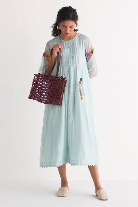 Shop_Shivani Bhargava_Blue Chanderi Embroidery Round Neck Sea Breeze Woven Gathered Dress _Online_at_Aza_Fashions