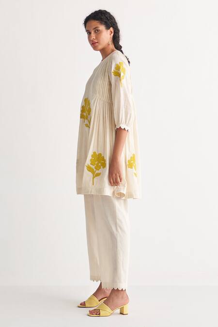 Shop_Shivani Bhargava_Off White Cotton Applique, Embroidery Round Neck Cross Stitch Top And Pant Set _Online_at_Aza_Fashions