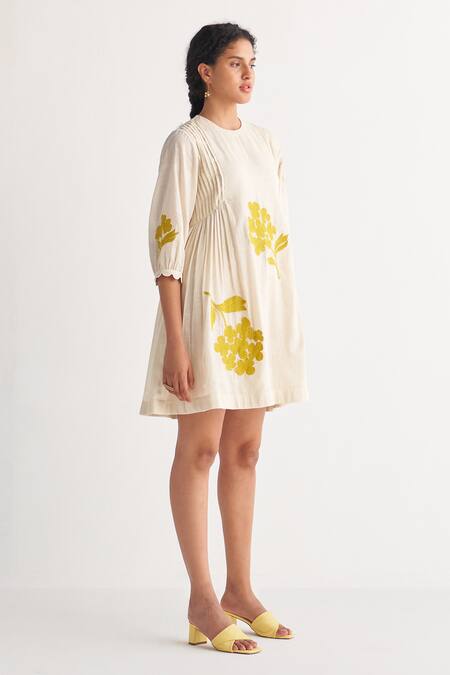 Shivani Bhargava_Off White Cotton Applique Round Neck Cross Stitch Embroidered Dress _Online_at_Aza_Fashions