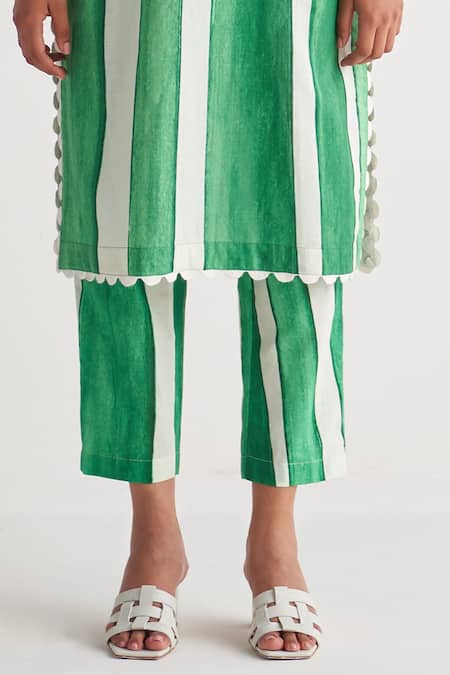 Shivani Bhargava_Green Cotton, Linen Round Neck Striped Digital Print Kurta And Flared Pant Set _Online_at_Aza_Fashions