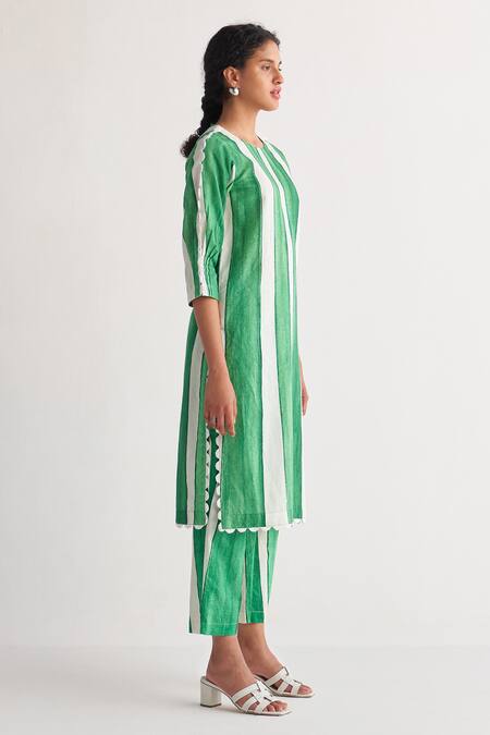 Buy_Shivani Bhargava_Green Cotton, Linen Round Neck Striped Digital Print Kurta And Flared Pant Set _Online_at_Aza_Fashions