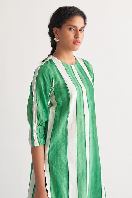 Shop_Shivani Bhargava_Green Cotton, Linen Round Neck Striped Digital Print Kurta And Flared Pant Set _Online_at_Aza_Fashions