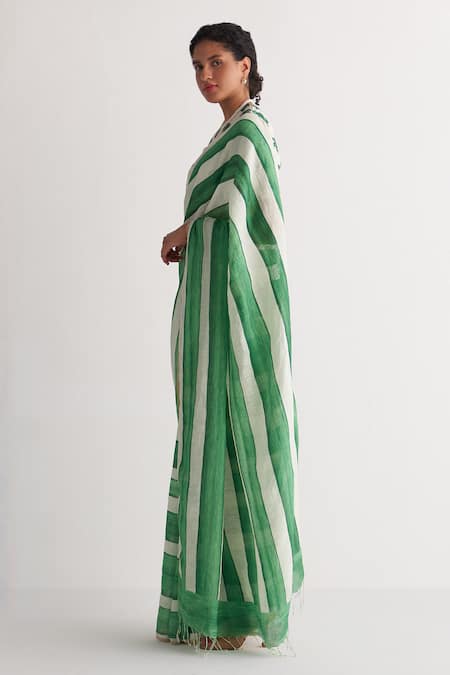 Shivani Bhargava Green Cotton Linen Digital Printed Woven Round Striped Saree With Floral Blouse Online at Aza Fashions Shivani Bhargava_Green Cotton Linen Digital Printed Woven Round Striped Saree With Floral Blouse _Online_at_Aza_Fashions