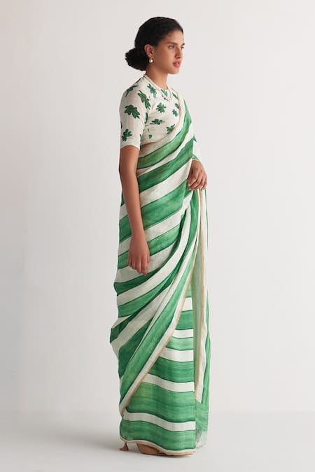 Buy Shivani Bhargava Green Cotton Linen Digital Printed Woven Round Striped Saree With Floral Blouse Online at Aza Fashions Buy_Shivani Bhargava_Green Cotton Linen Digital Printed Woven Round Striped Saree With Floral Blouse _Online_at_Aza_Fashions