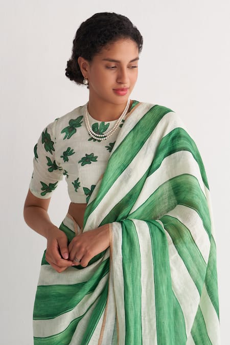 Shop Shivani Bhargava Green Cotton Linen Digital Printed Woven Round Striped Saree With Floral Blouse Online at Aza Fashions Shop_Shivani Bhargava_Green Cotton Linen Digital Printed Woven Round Striped Saree With Floral Blouse _Online_at_Aza_Fashions