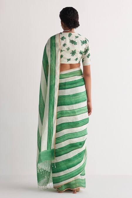 Shop_Shivani Bhargava_Green Cotton Linen Digital Printed Woven Striped Saree _at_Aza_Fashions