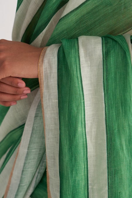 Shivani Bhargava_Green Cotton Linen Digital Printed Woven Striped Saree _at_Aza_Fashions