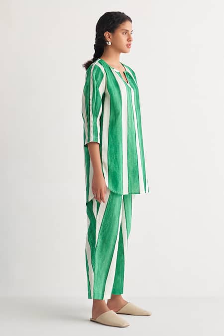 Buy Shivani Bhargava Green Cotton, Linen Split V-neck Striped Print Woven Tunic And Pant Set Online at Aza Fashions Buy_Shivani Bhargava_Green Cotton, Linen Split V-neck Striped Print Woven Tunic And Pant Set _Online_at_Aza_Fashions