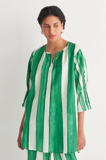 Shop Shivani Bhargava Green Cotton, Linen Split V-neck Striped Print Woven Tunic And Pant Set Online at Aza Fashions Shop_Shivani Bhargava_Green Cotton, Linen Split V-neck Striped Print Woven Tunic And Pant Set _Online_at_Aza_Fashions
