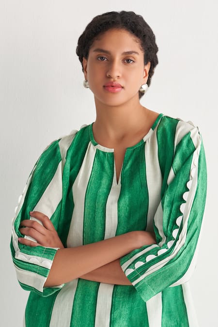 Shivani Bhargava Green Cotton, Linen Split V-neck Striped Print Woven Tunic And Pant Set at Aza Fashions Shivani Bhargava_Green Cotton, Linen Split V-neck Striped Print Woven Tunic And Pant Set _at_Aza_Fashions