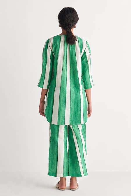 Shop_Shivani Bhargava_Green Cotton Linen Digital Printed Woven Notched Striped Tunic _at_Aza_Fashions
