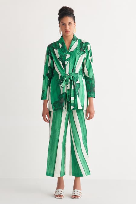 Shivani Bhargava Striped Print Shawl Lapel Tunic & Pant Set 