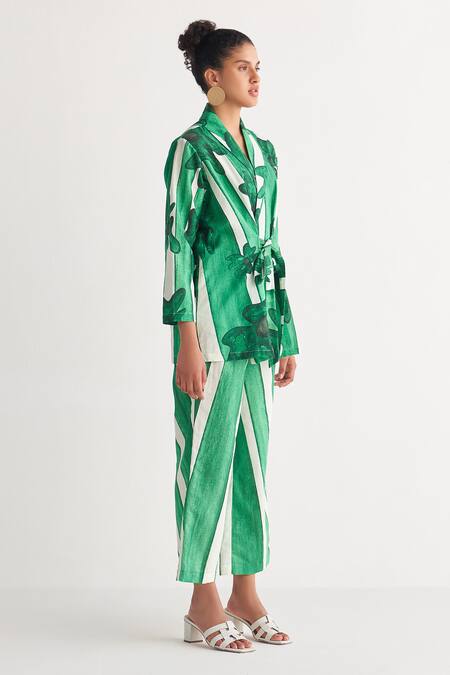 Shivani Bhargava_Green Cotton Linen Digital Printed Woven Shawl Lapel Striped Tunic And Pant Set _Online_at_Aza_Fashions