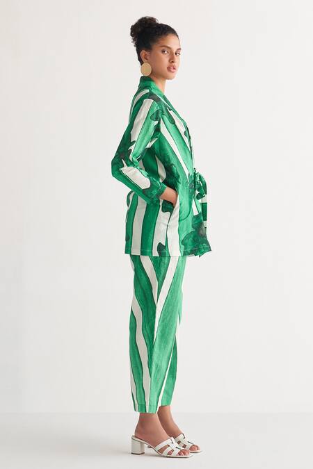 Buy_Shivani Bhargava_Green Cotton Linen Digital Printed Woven Shawl Lapel Striped Tunic And Pant Set _Online_at_Aza_Fashions