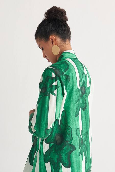 Shop_Shivani Bhargava_Green Cotton Linen Digital Printed Woven Shawl Lapel Striped Tunic And Pant Set _Online_at_Aza_Fashions