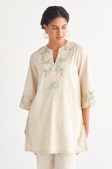 Buy_Shivani Bhargava_Off White Pure Cotton Embroidered Woven Notched Short Tunic And Pant Set _Online_at_Aza_Fashions