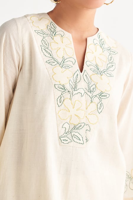 Shop_Shivani Bhargava_Off White Pure Cotton Embroidered Woven Notched Short Tunic And Pant Set _Online_at_Aza_Fashions