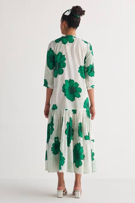 Shop Shivani Bhargava Green Cotton Bandeau Neck Fantasy Woven Tiered Dress at Aza Fashions Shop_Shivani Bhargava_Green Cotton Bandeau Neck Fantasy Woven Tiered Dress_at_Aza_Fashions