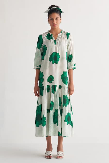 Shivani Bhargava Green Cotton Bandeau Neck Fantasy Woven Tiered Dress Online at Aza Fashions Shivani Bhargava_Green Cotton Bandeau Neck Fantasy Woven Tiered Dress_Online_at_Aza_Fashions