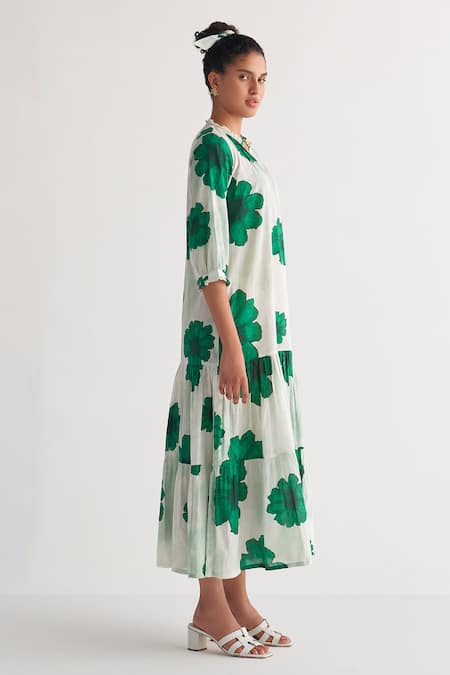 Buy Shivani Bhargava Green Cotton Bandeau Neck Fantasy Woven Tiered Dress Online at Aza Fashions Buy_Shivani Bhargava_Green Cotton Bandeau Neck Fantasy Woven Tiered Dress_Online_at_Aza_Fashions