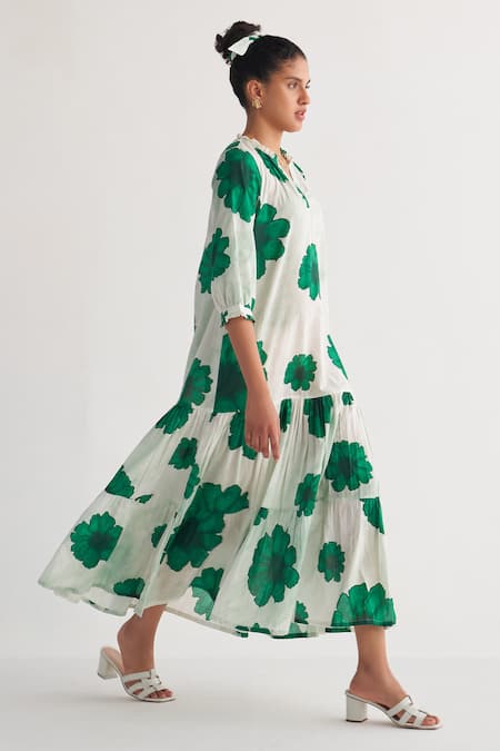 Shop Shivani Bhargava Green Cotton Bandeau Neck Fantasy Woven Tiered Dress Online at Aza Fashions Shop_Shivani Bhargava_Green Cotton Bandeau Neck Fantasy Woven Tiered Dress_Online_at_Aza_Fashions