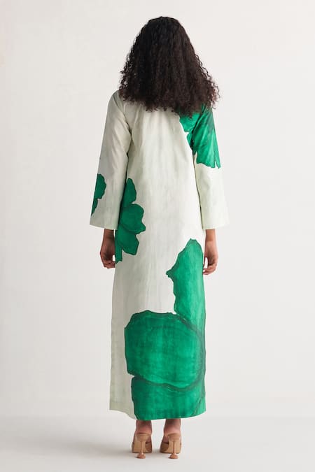 Shop Shivani Bhargava Green Cotton Embroidery Round Neck Bloom Floral Print Long Kurta at Aza Fashions Shop_Shivani Bhargava_Green Cotton Embroidery Round Neck Bloom Floral Print Long Kurta _at_Aza_Fashions