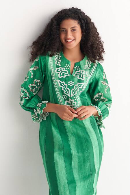 Buy_Shivani Bhargava_Green Cotton, Linen Embroidery, Cut Work Melange Striped Print Kurta And Pant Set _Online_at_Aza_Fashions