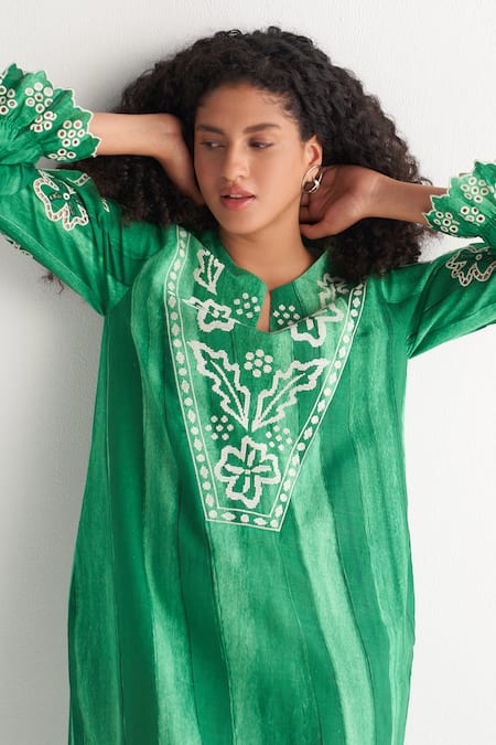 Shop_Shivani Bhargava_Green Cotton, Linen Embroidery, Cut Work Melange Striped Print Kurta And Pant Set _Online_at_Aza_Fashions