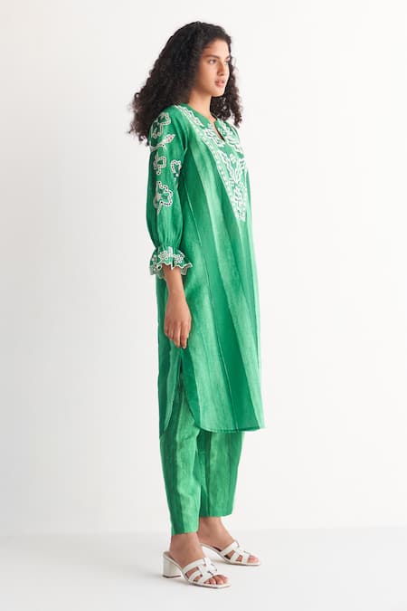 Buy_Shivani Bhargava_Green Cotton, Linen Embroidery, Cut Work Melange Striped Print Kurta And Pant Set 