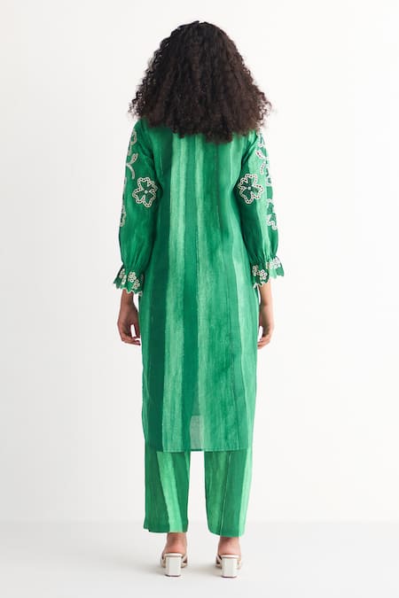 Shop Shivani Bhargava Green Cotton, Linen Embroidery Open Neck Melange Striped Print Dress at Aza Fashions Shop_Shivani Bhargava_Green Cotton, Linen Embroidery Open Neck Melange Striped Print Dress _at_Aza_Fashions