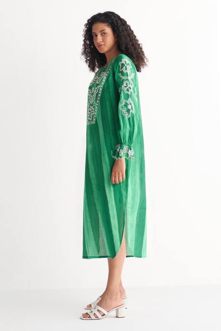 Shivani Bhargava Green Cotton, Linen Embroidery Open Neck Melange Striped Print Dress Online at Aza Fashions Shivani Bhargava_Green Cotton, Linen Embroidery Open Neck Melange Striped Print Dress _Online_at_Aza_Fashions