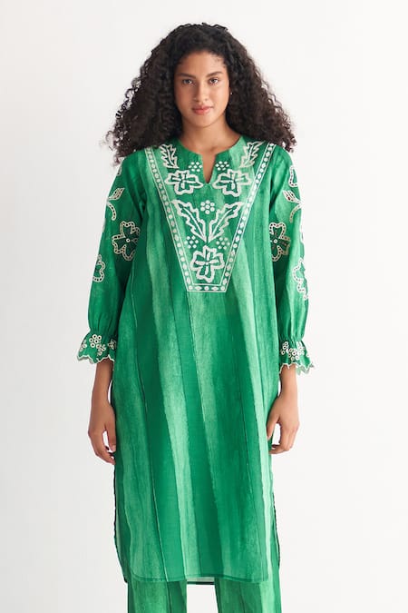 Buy Shivani Bhargava Green Cotton, Linen Embroidery Open Neck Melange Striped Print Dress Online at Aza Fashions Buy_Shivani Bhargava_Green Cotton, Linen Embroidery Open Neck Melange Striped Print Dress _Online_at_Aza_Fashions
