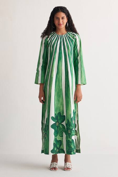 Shivani Bhargava_Green Giza Cotton Digital Printed Woven Round Striped And Floral Long Kurta _Online_at_Aza_Fashions