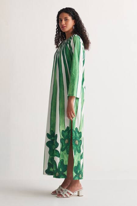 Buy_Shivani Bhargava_Green Giza Cotton Digital Printed Woven Round Striped And Floral Long Kurta _Online_at_Aza_Fashions