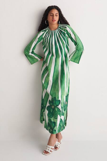 Shop_Shivani Bhargava_Green Giza Cotton Digital Printed Woven Round Striped And Floral Long Kurta _Online_at_Aza_Fashions